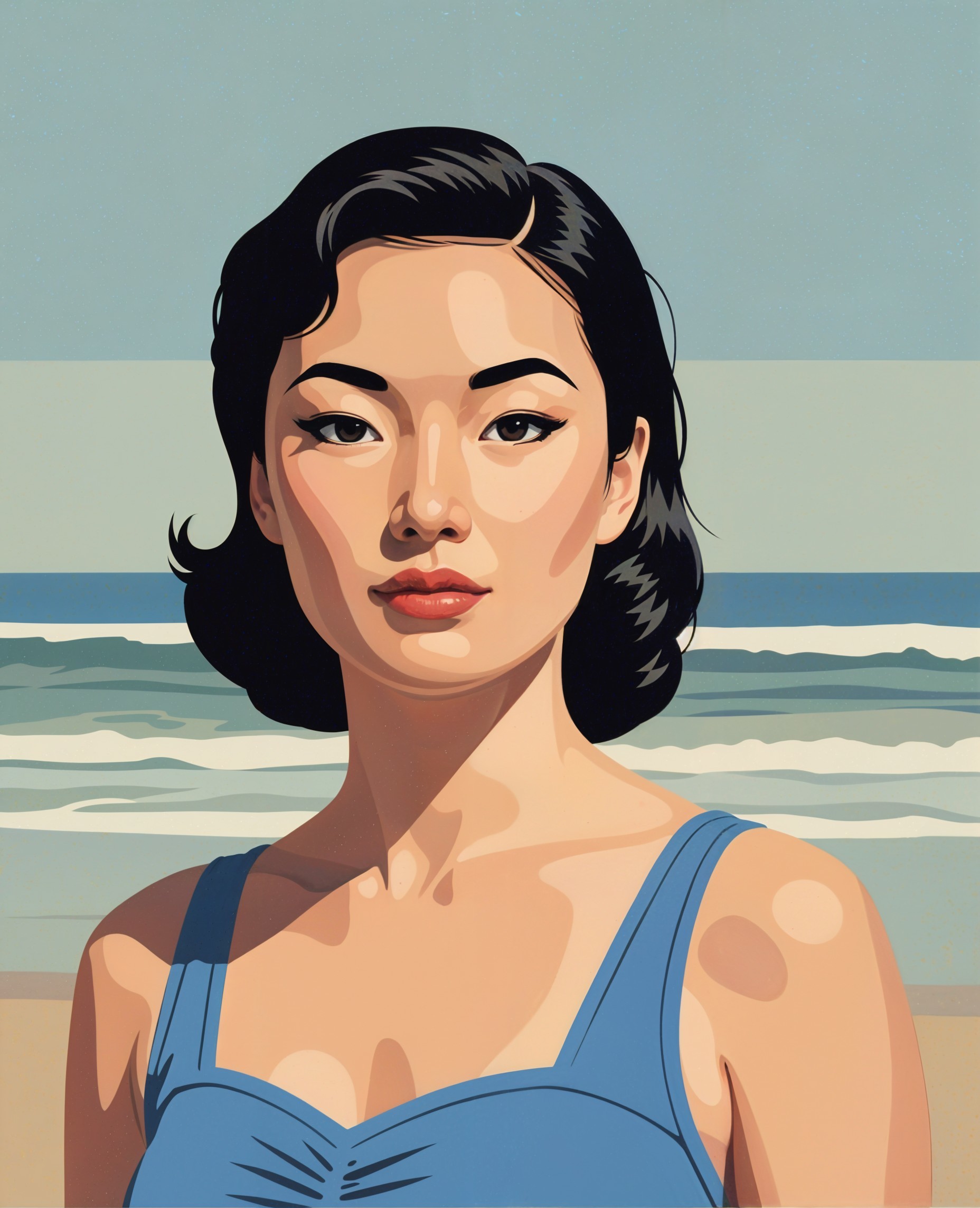 Woman in Blue Swimsuit at Serene Beach Scene