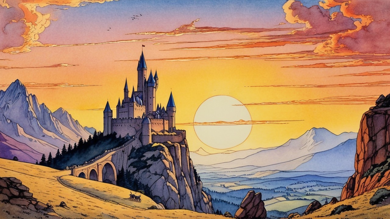 Castle on a Cliff with Sunset and Rolling Hills