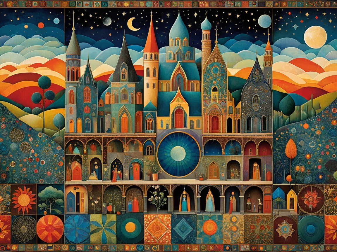 Art Nouveau Illustration of a Vibrant Castle Scene