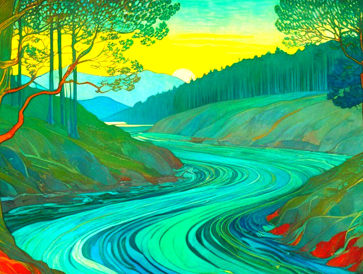Vibrant Landscape with Winding River and Sunset Sky