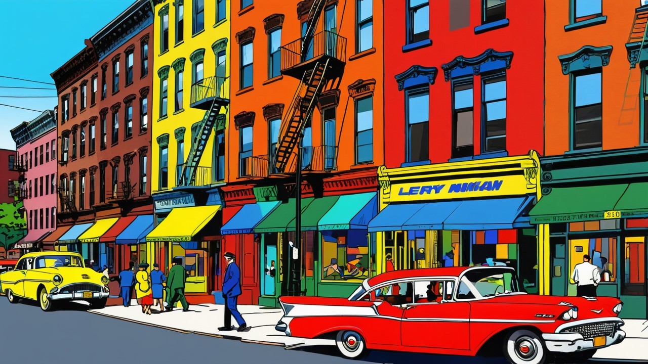 Vibrant Urban Street Scene with Colorful Brownstones