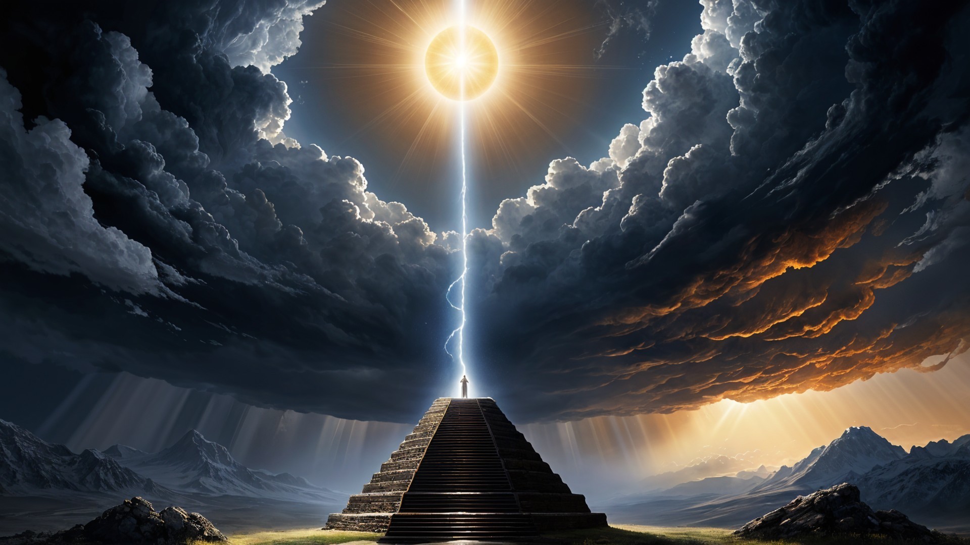 Majestic Pyramid Under Illuminated Sky and Mountains