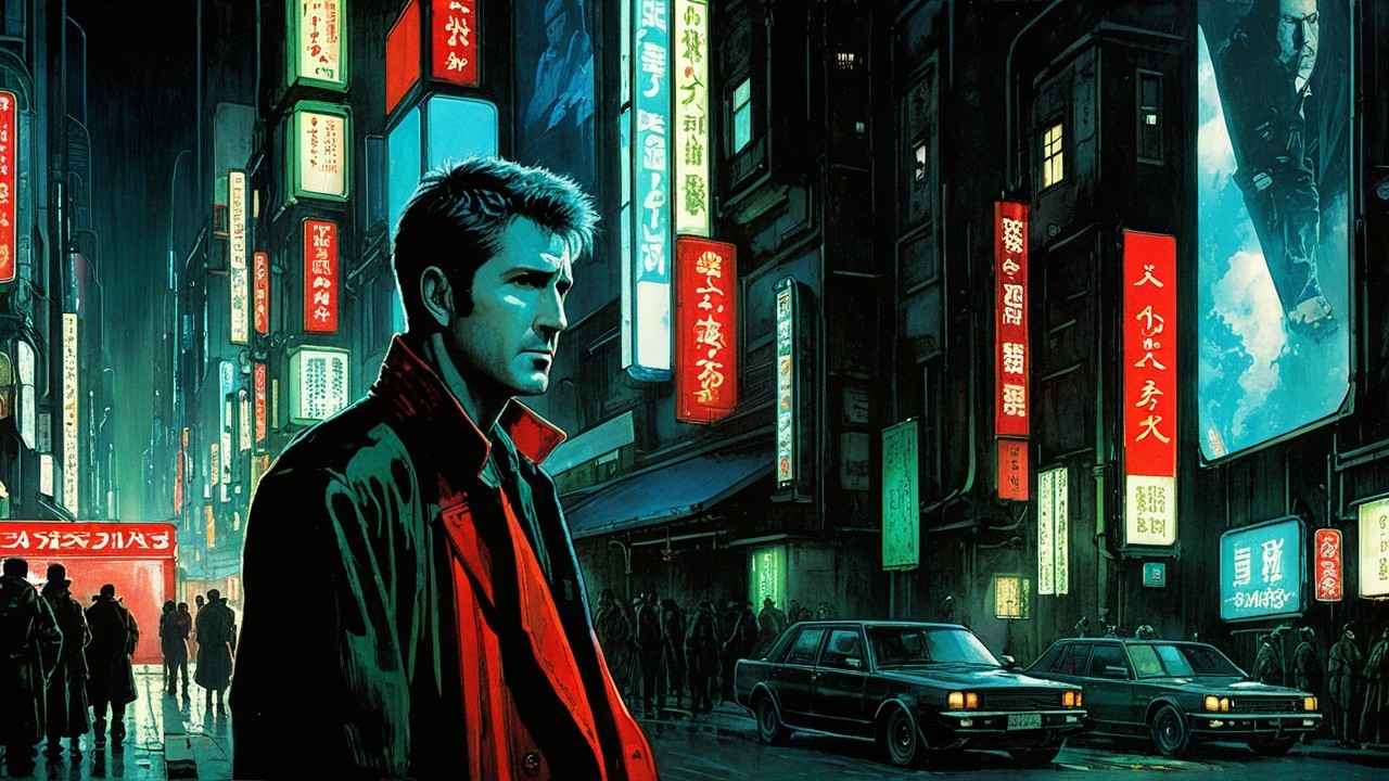 Man in Dark Jacket Against Neon City Street Background