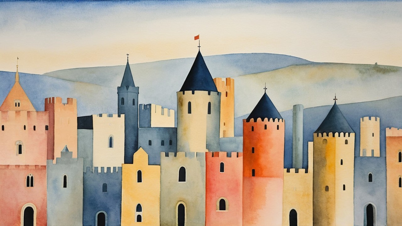 Watercolor Illustration of a Medieval Castle Skyline