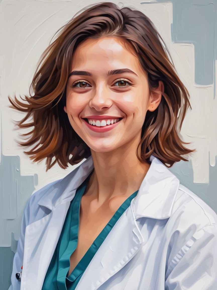 Young Woman in Lab Coat with Teal Scrubs and Warm Background