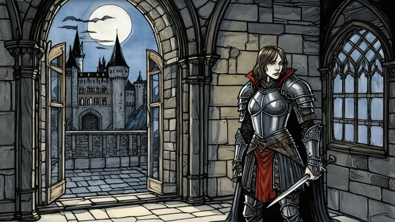 Warrior in Armor with Red Cape in Castle Corridor