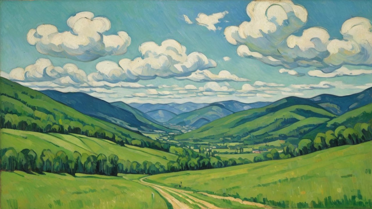 Vibrant Landscape Painting with Green Hills and Clouds