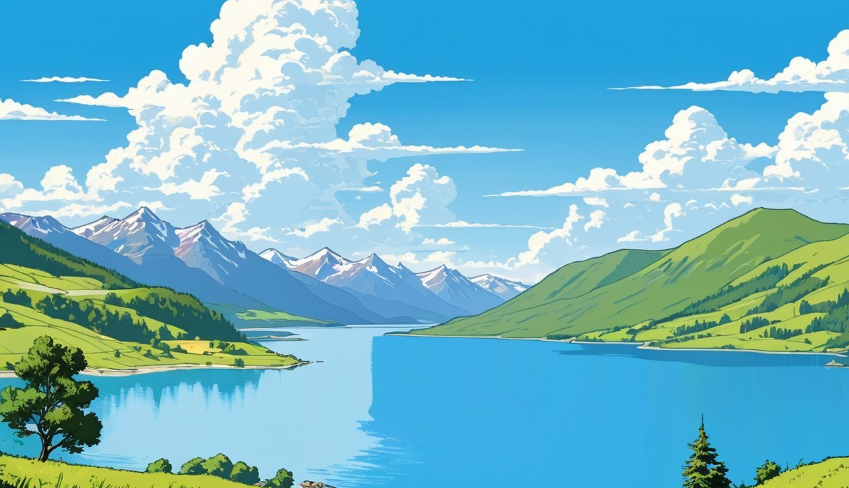 Tranquil Lake Surrounded by Green Hills and Mountains