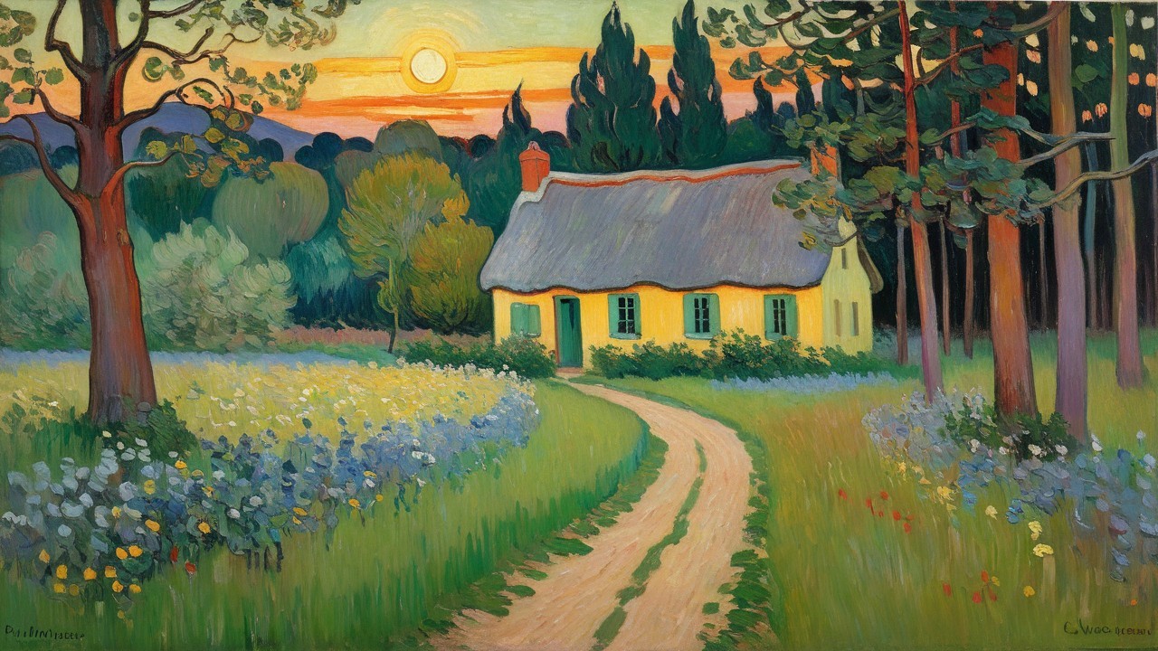 Countryside Scene with Yellow Cottage and Meadow