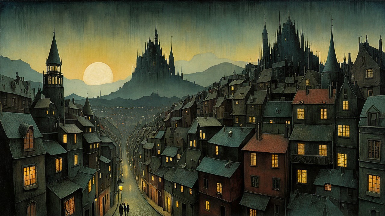 Twilight Cityscape with Quaint Houses and Castles