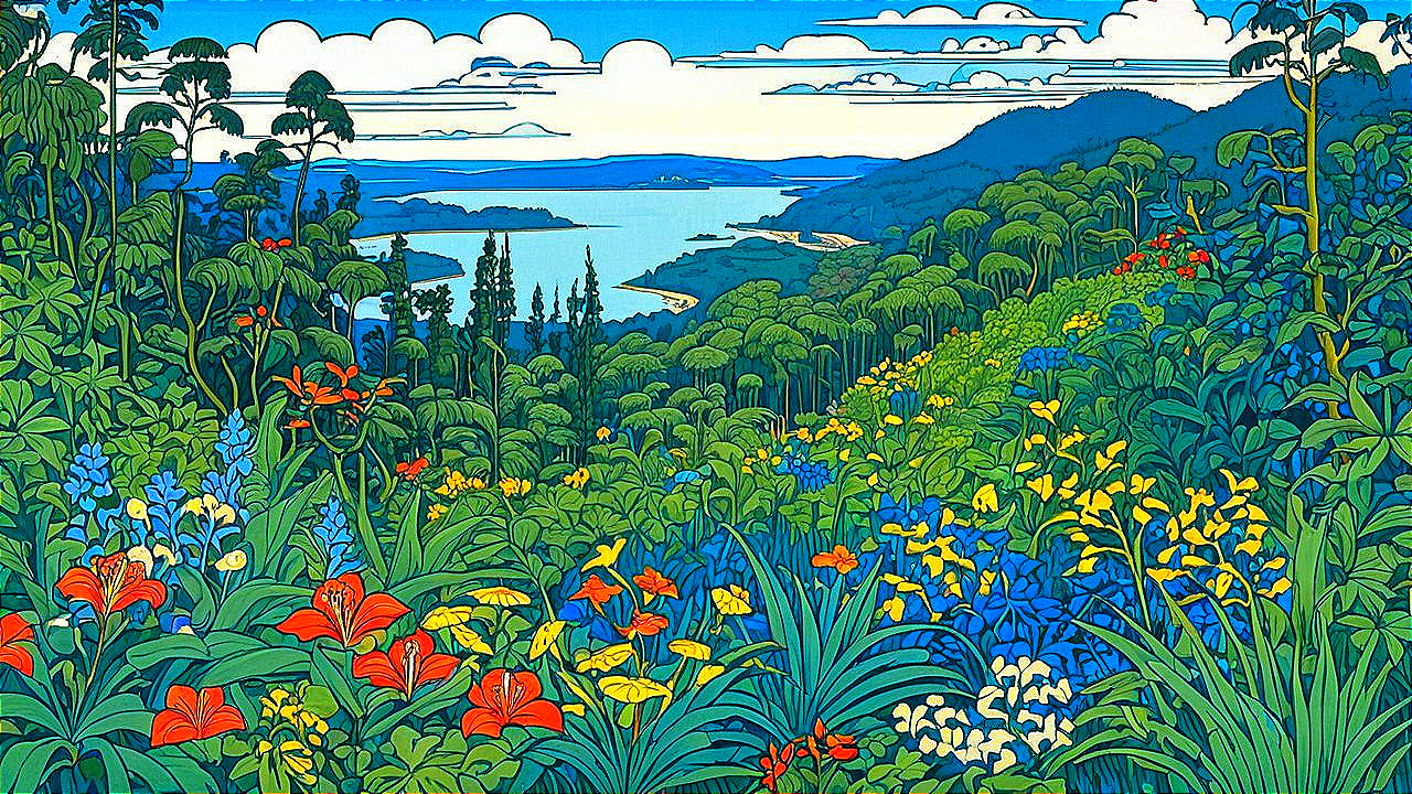 Vibrant Stylized Landscape with Lush Greenery and Water