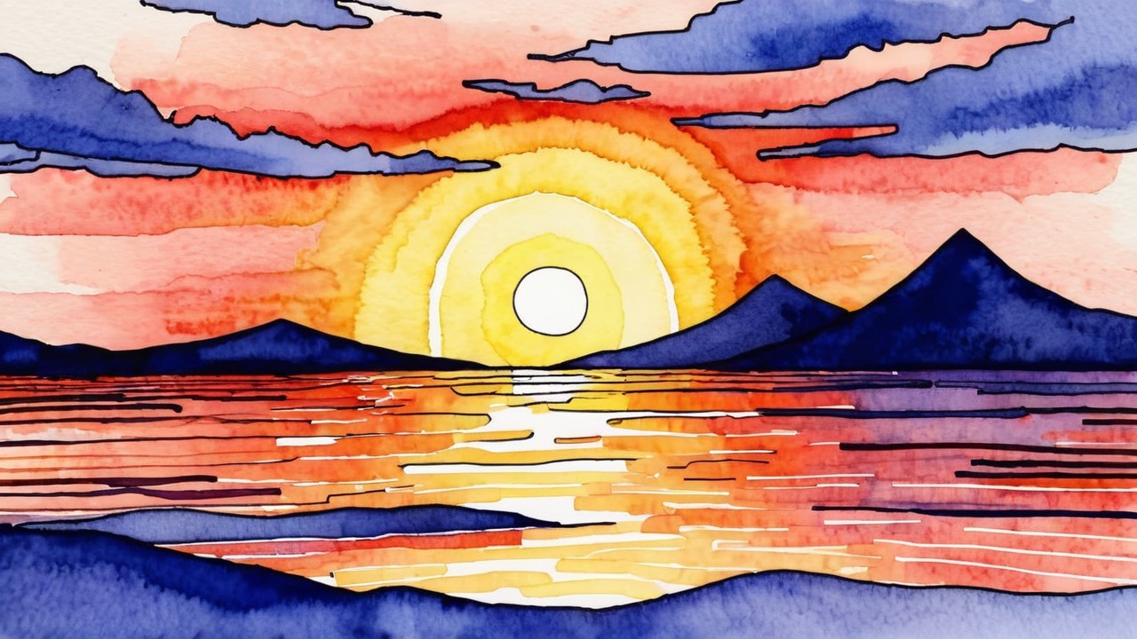Vibrant Watercolor Landscape with Sunset and Sea