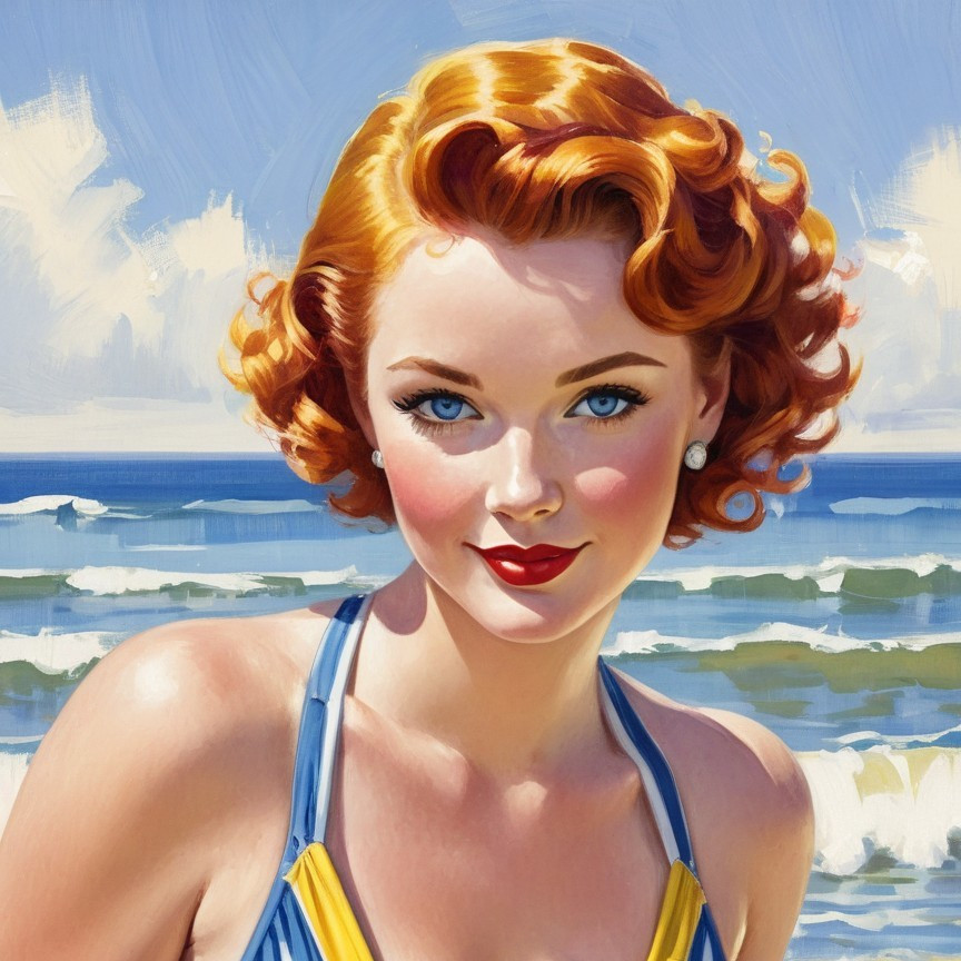 Vintage Portrait of Young Woman by Ocean Waves