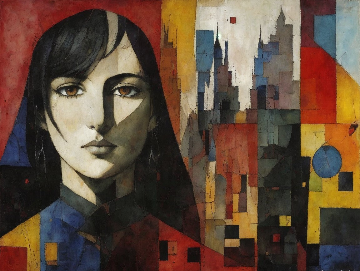 Stylized Portrait of Woman with Abstract Cityscape Background