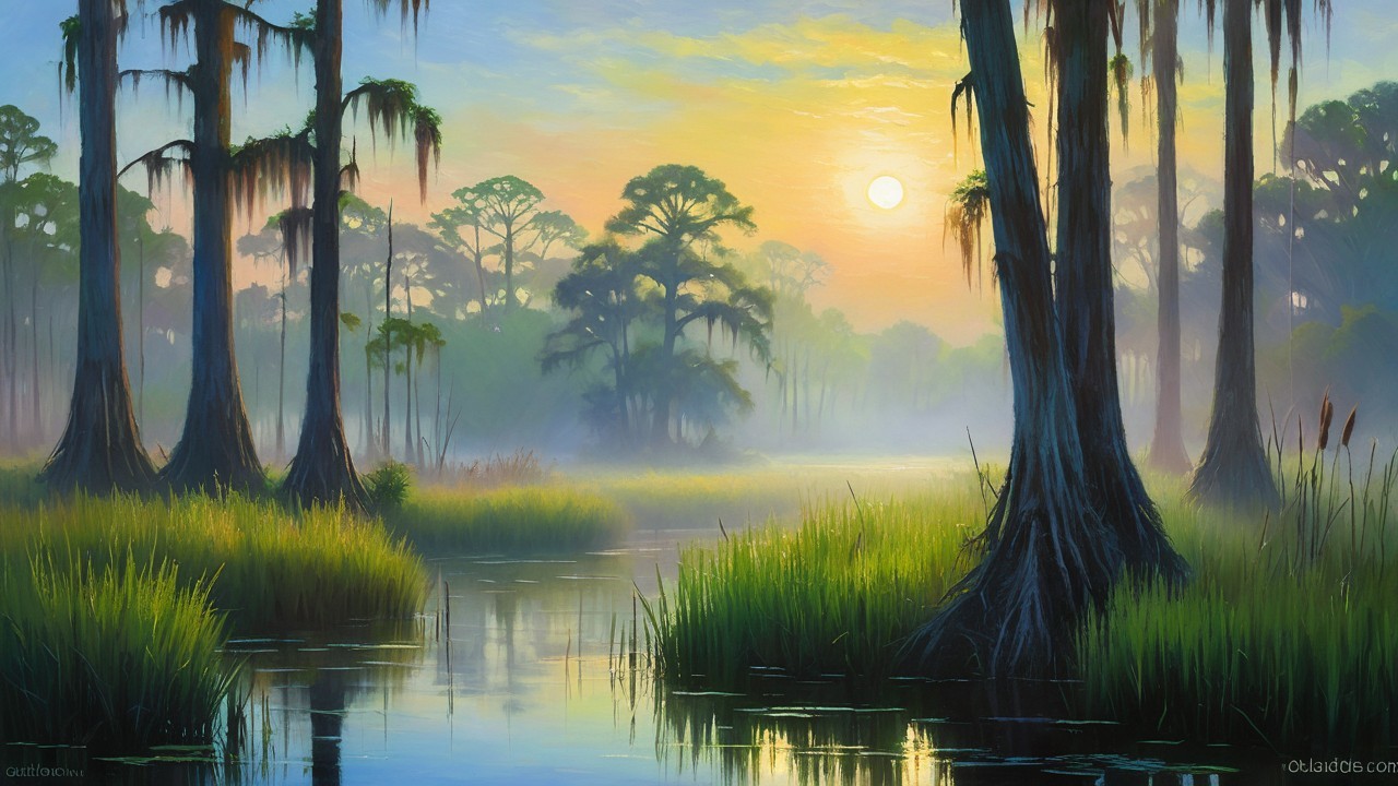 Tranquil Wetland Landscape at Sunrise with Cypress Trees