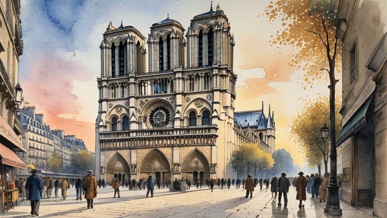 Watercolor of Notre-Dame Cathedral at Sunset