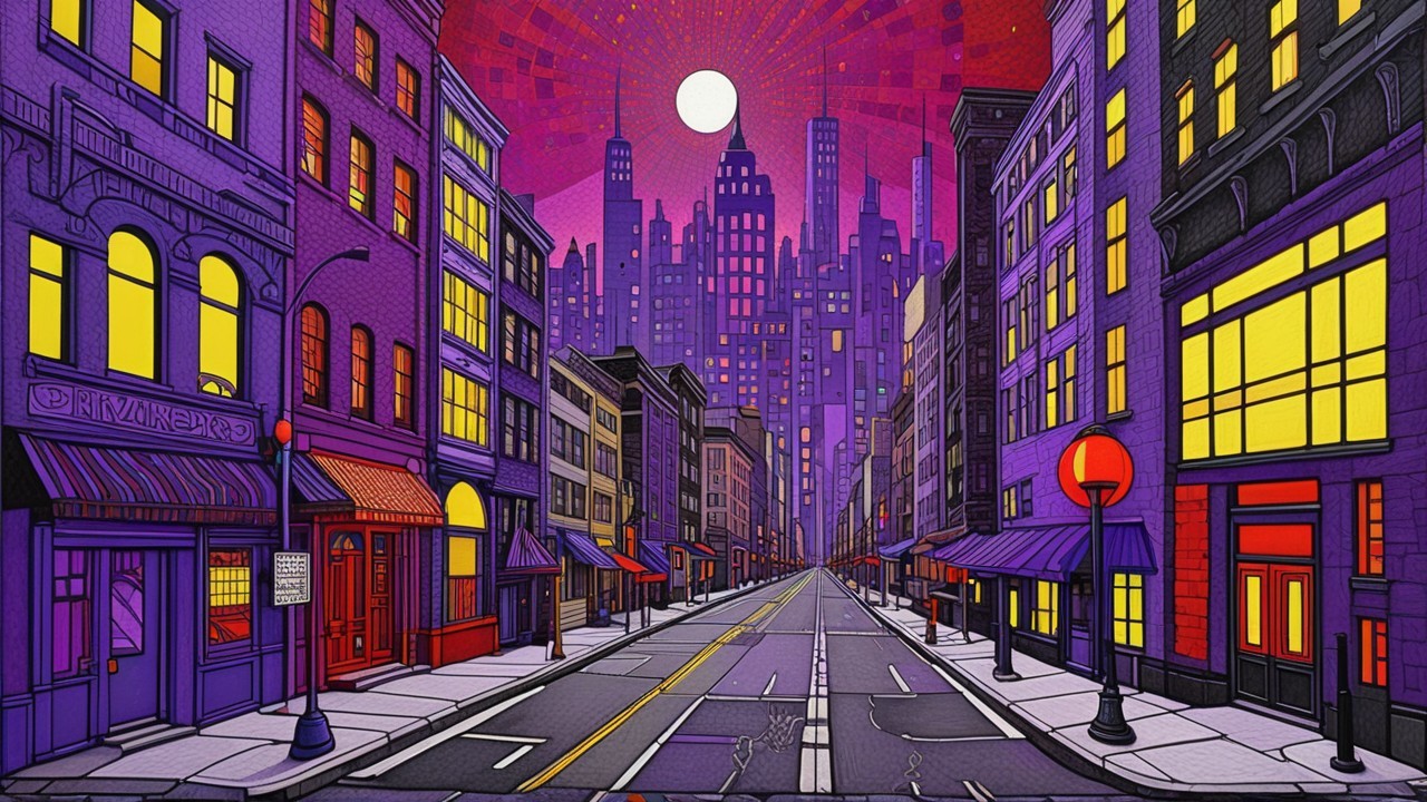 Vibrant Urban Landscape with Surreal Sky and Skyscrapers