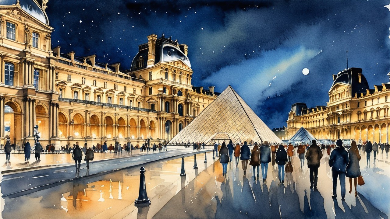 Illuminated Louvre Night Scene with Glass Pyramid