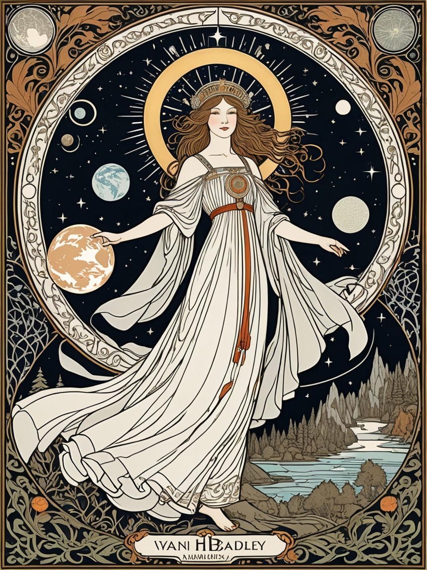 Celestial Woman in White Gown Amidst Cosmic Elements