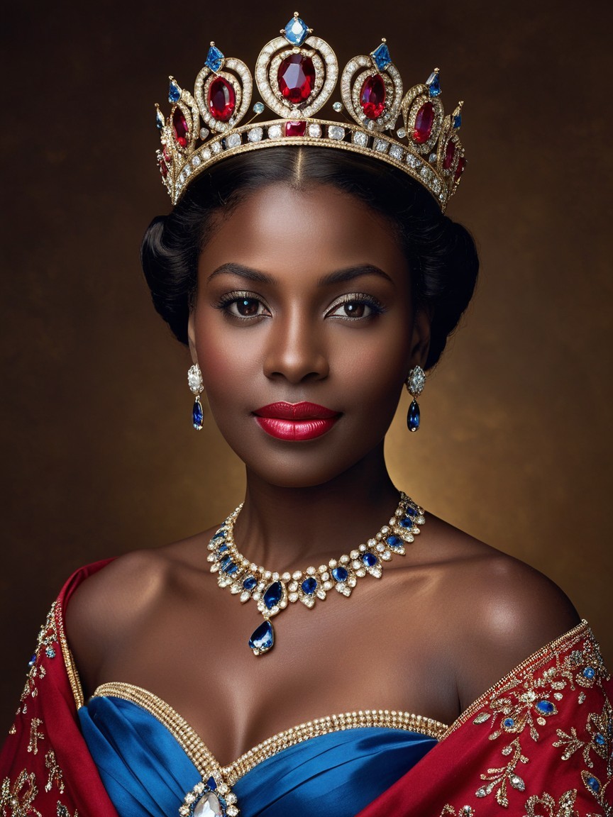 Regal portrait of a woman in crown and gown