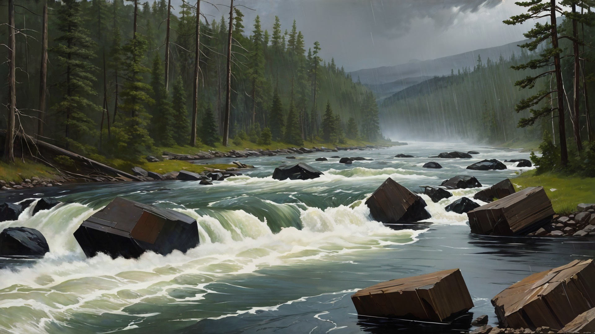 Serene River in Dense Forest with Turbulent Rapids