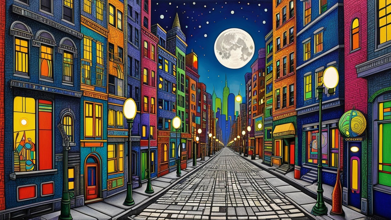 Vibrant Nighttime City Street with Colorful Lights