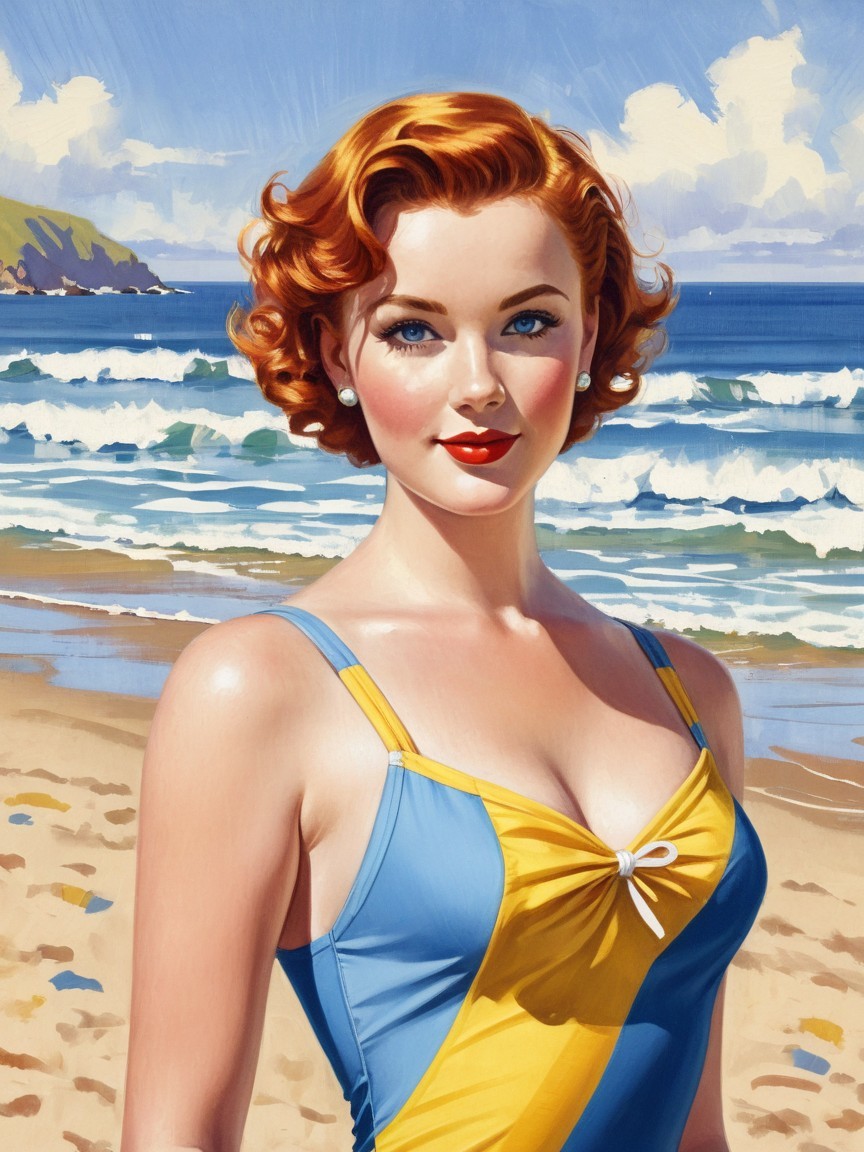 Woman in Vintage Swimsuit on Sandy Beach