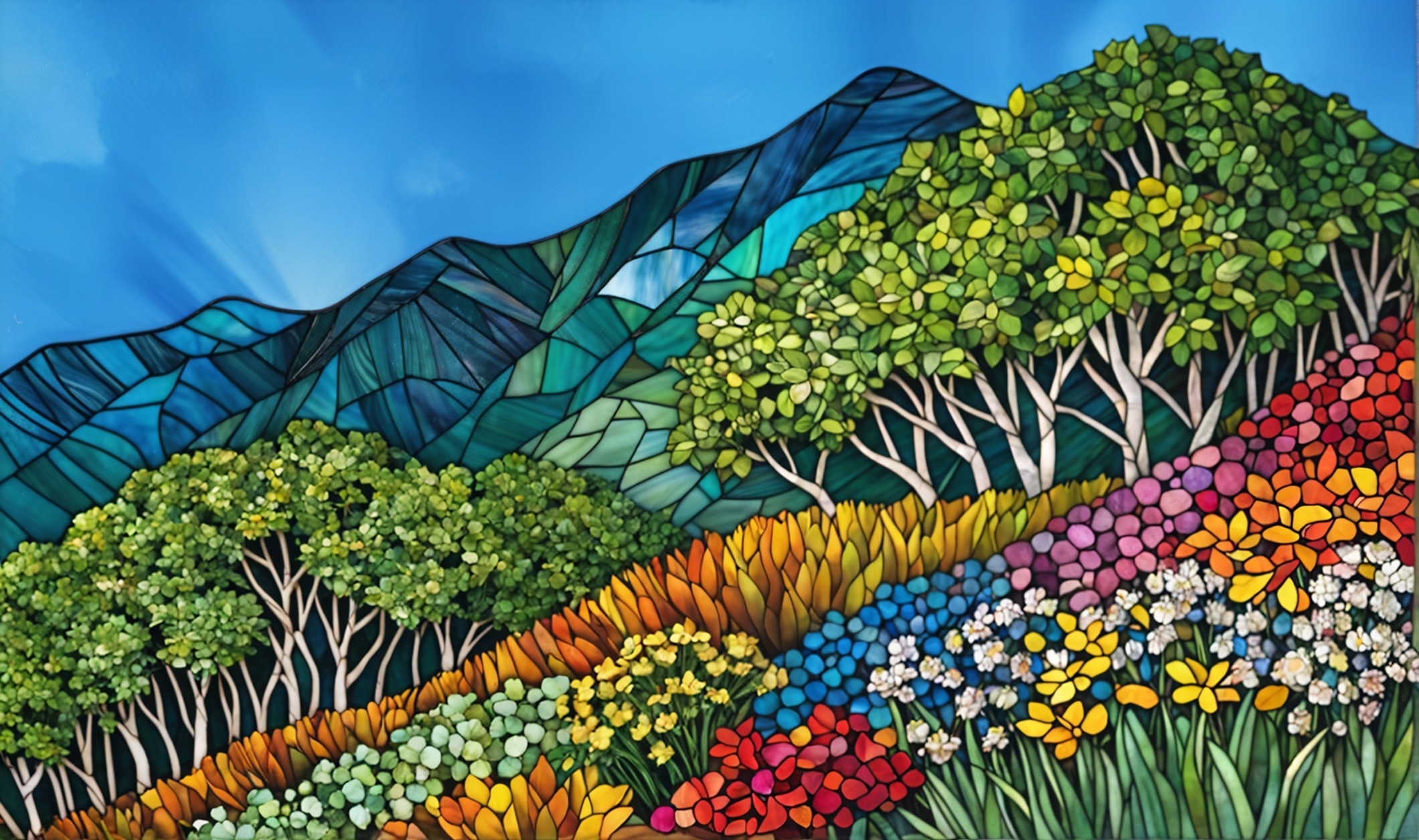 Vibrant Landscape with Rolling Hills and Colorful Flora