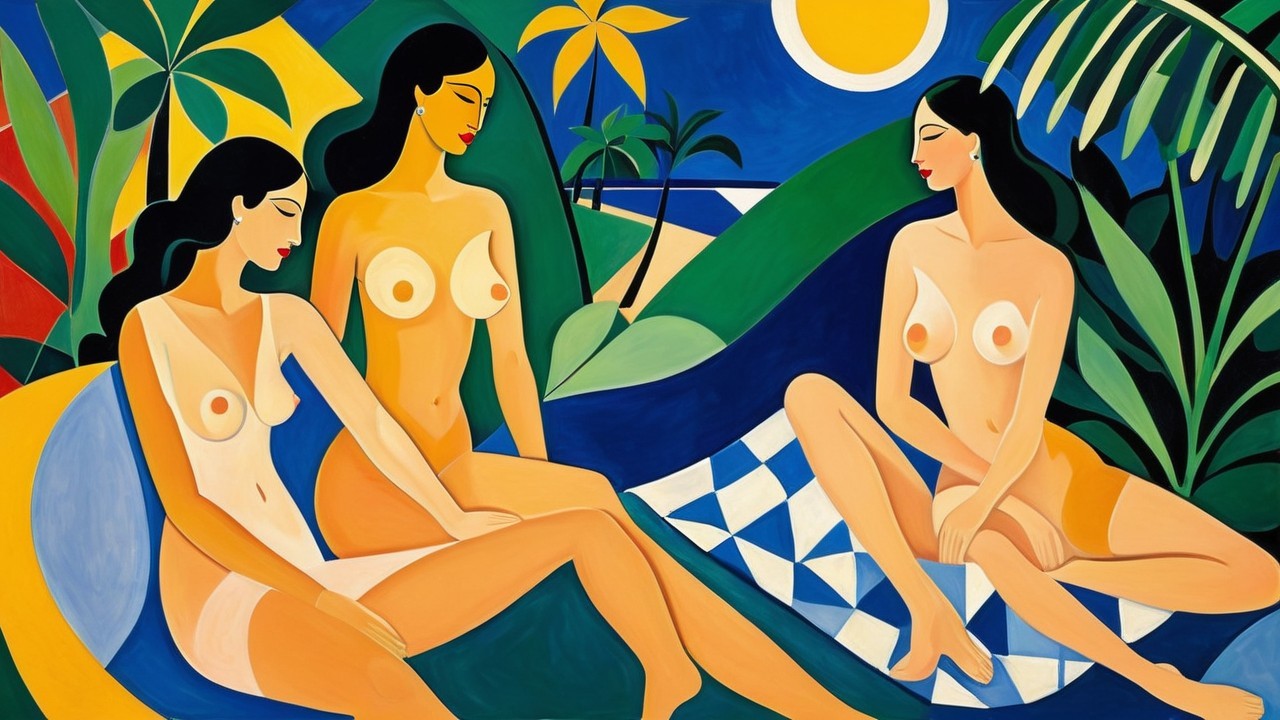 Three Figures in Vibrant Abstract Landscape Art