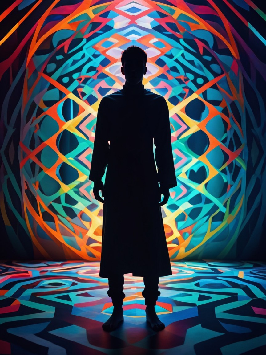 Silhouetted Figure Against Kaleidoscopic Background
