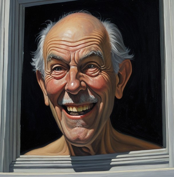 Joyful elderly man with a broad smile and mustache