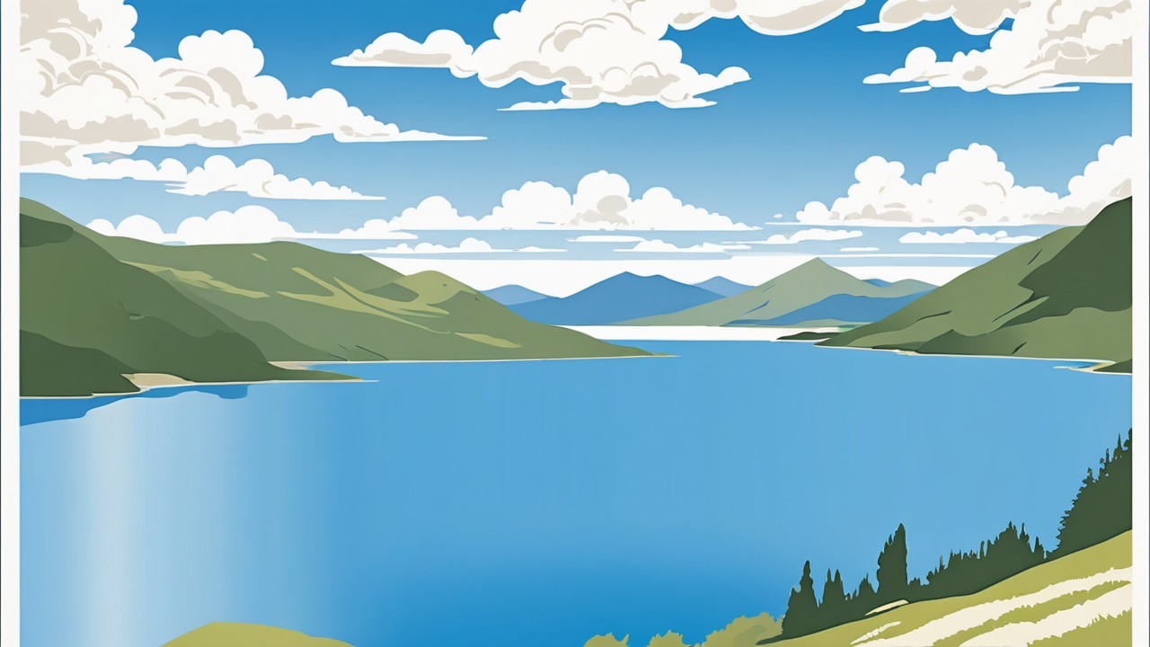 Serene Lake Surrounded by Hills and Mountains