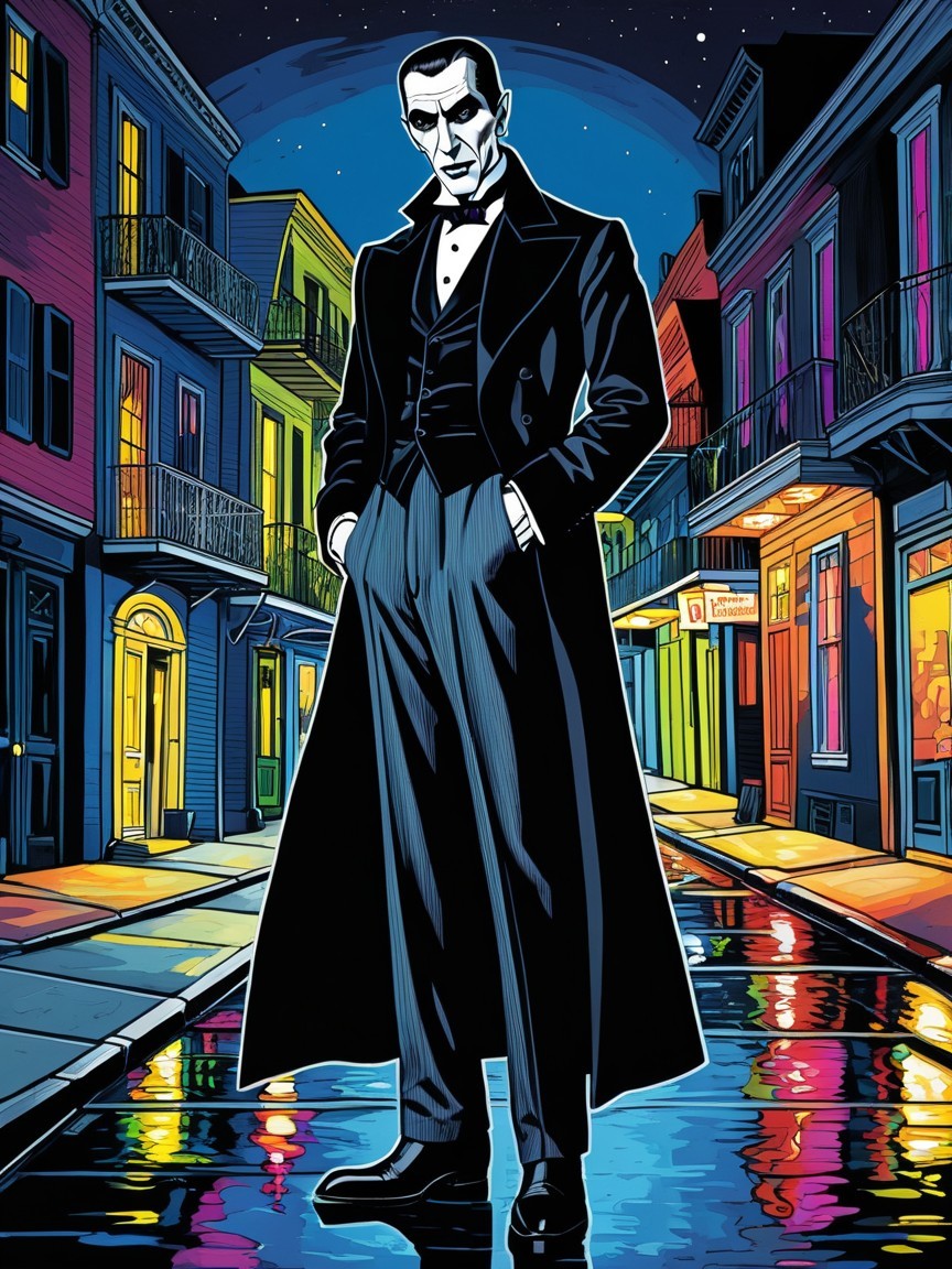 Vampire-like Man in Tuxedo on Wet Night Street