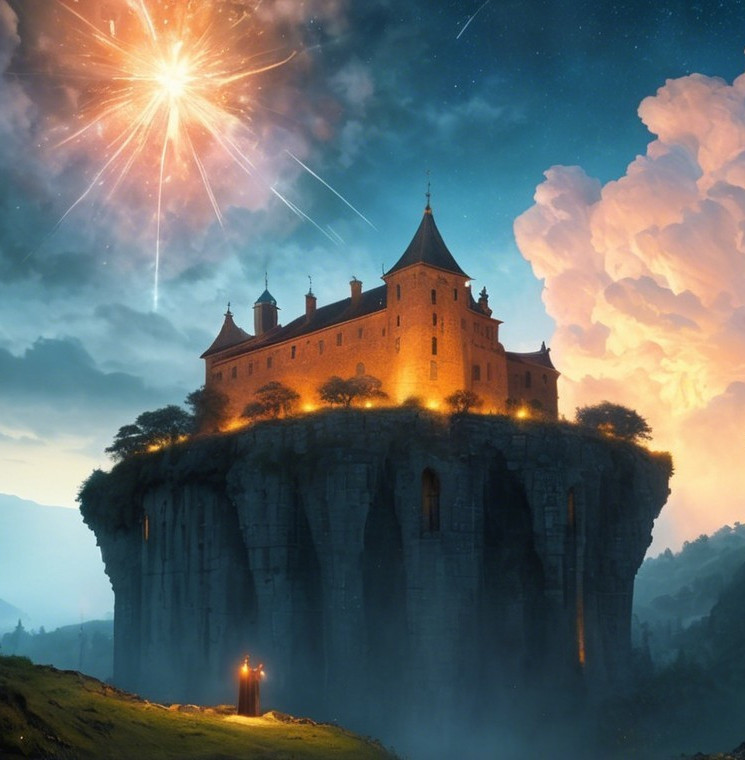 Majestic castle on a cliff under a starry sky