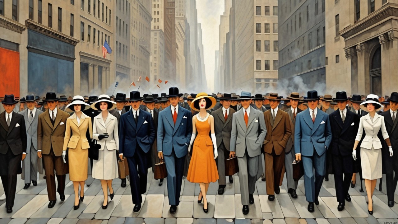 Group of men and women in formal attire on city street