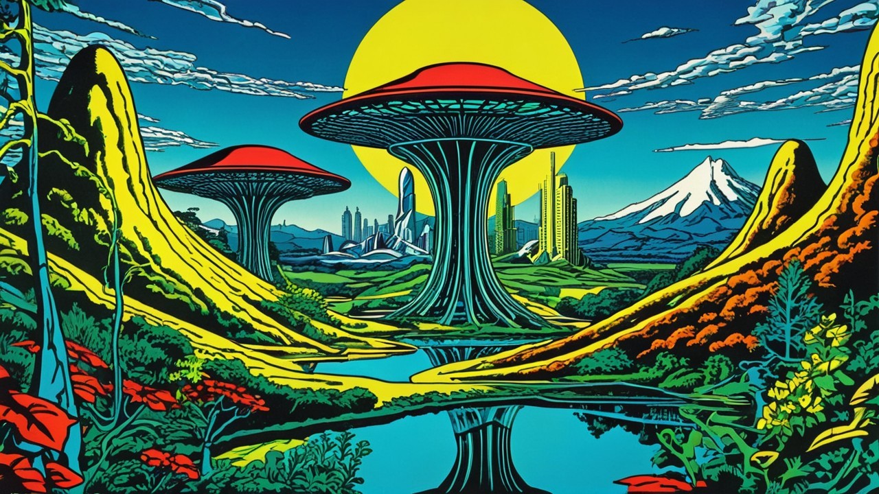 Surreal Landscape with Mushroom Structures and Cityscapes