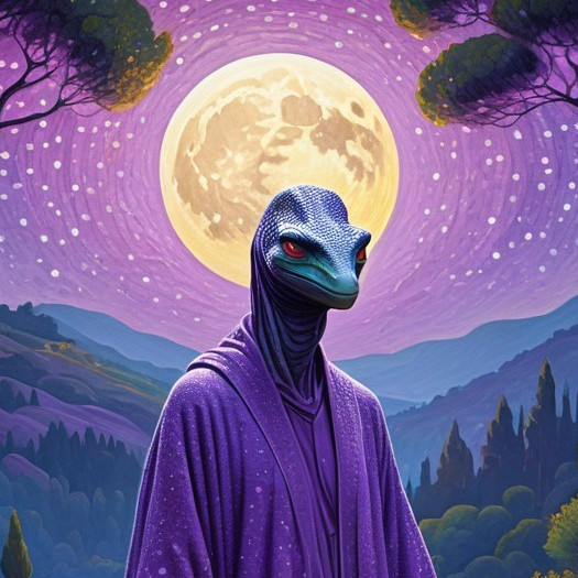 Alien Creature in Purple Robe Under Starry Sky