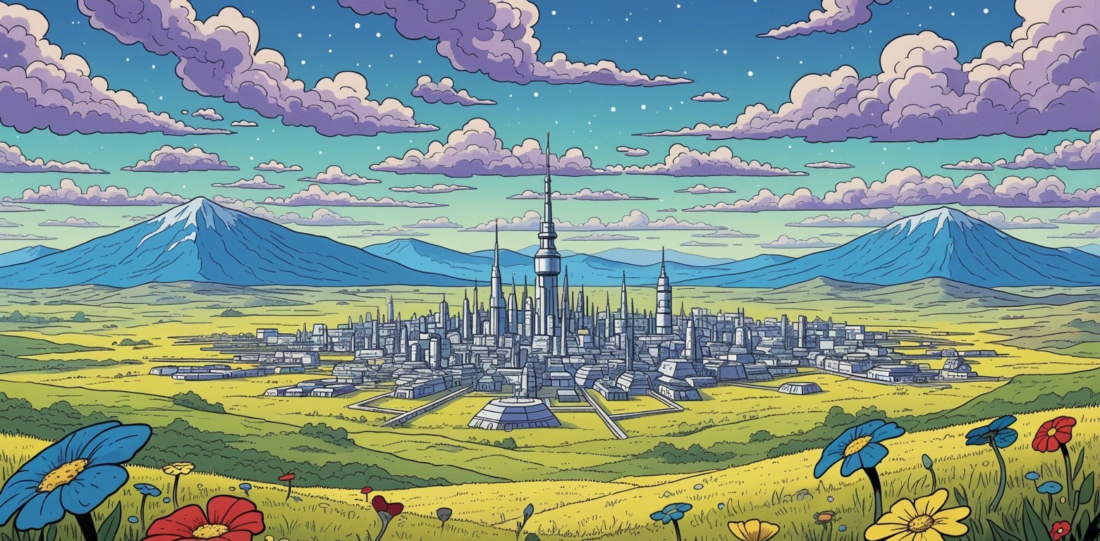 Futuristic cityscape with nature and mountains backdrop
