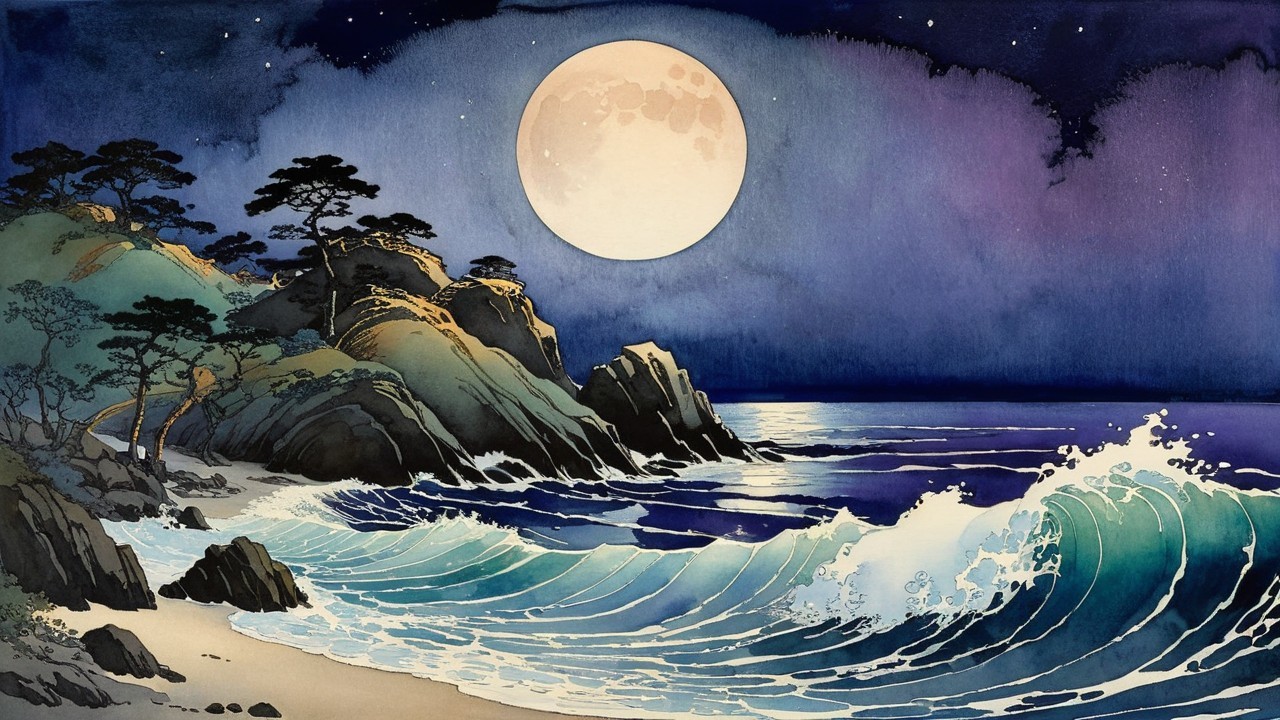 Serene Night Scene with Full Moon and Rocky Cliffs