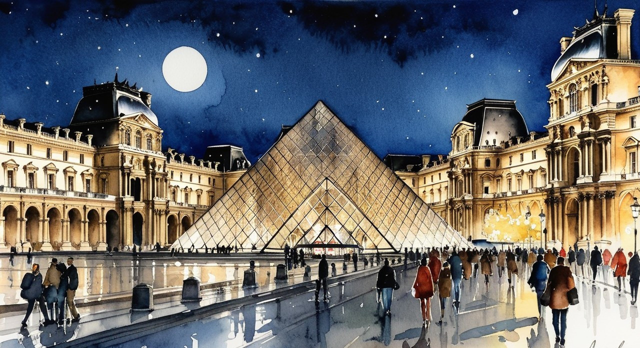 Watercolor of Louvre Museum at Night with Illuminated Pyramid