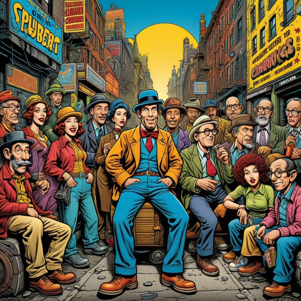 Illustrated Retro Street Scene with Diverse Characters