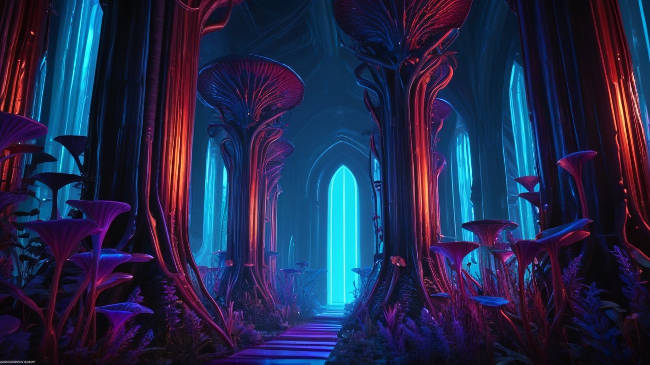 Mystical forest with oversized mushrooms and glowing trees