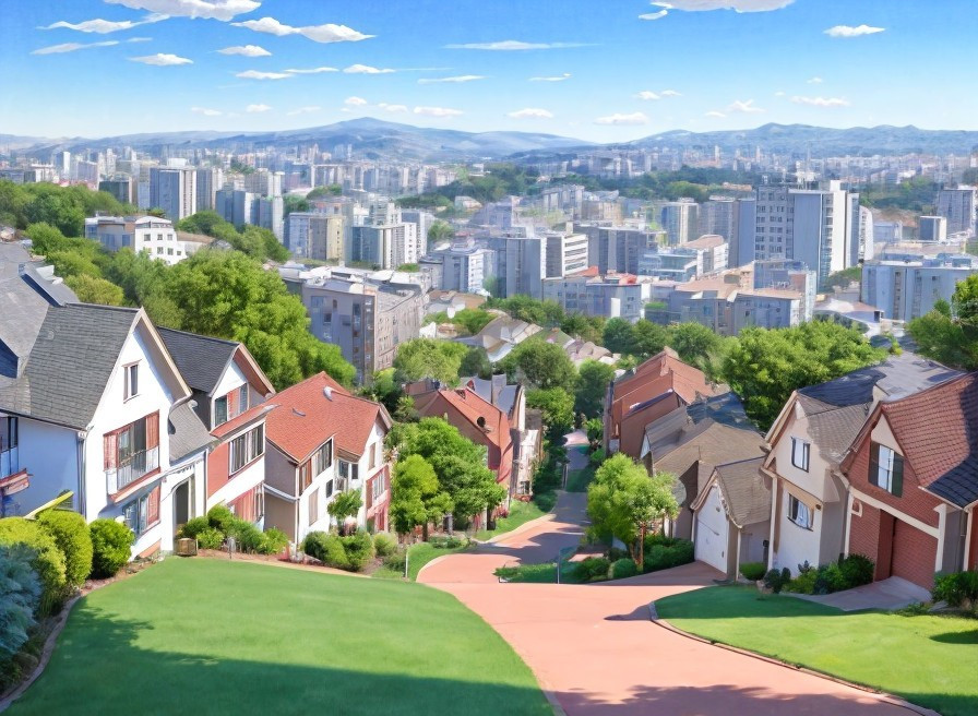 Suburban Landscape with Houses and City Skyline