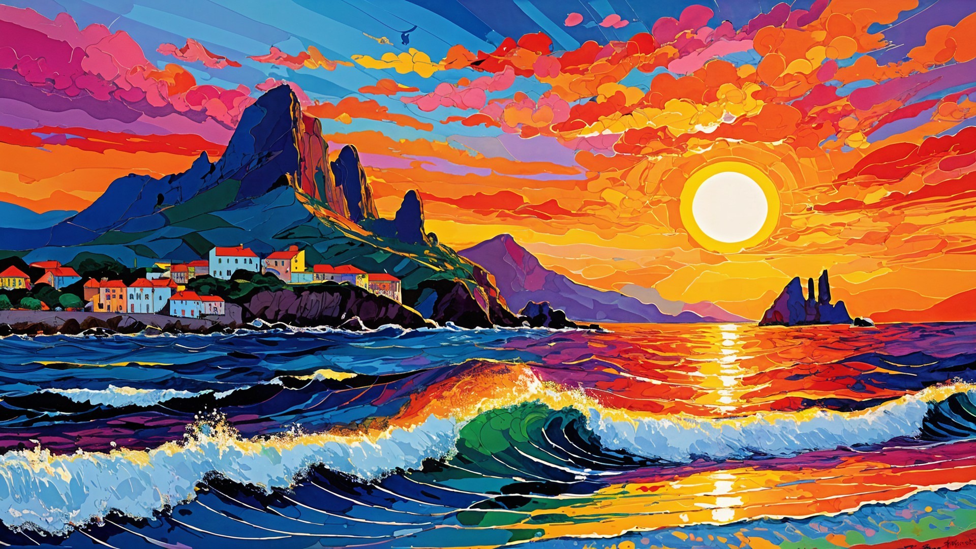 Vibrant Sunset Over Coastal Landscape with Colorful Houses