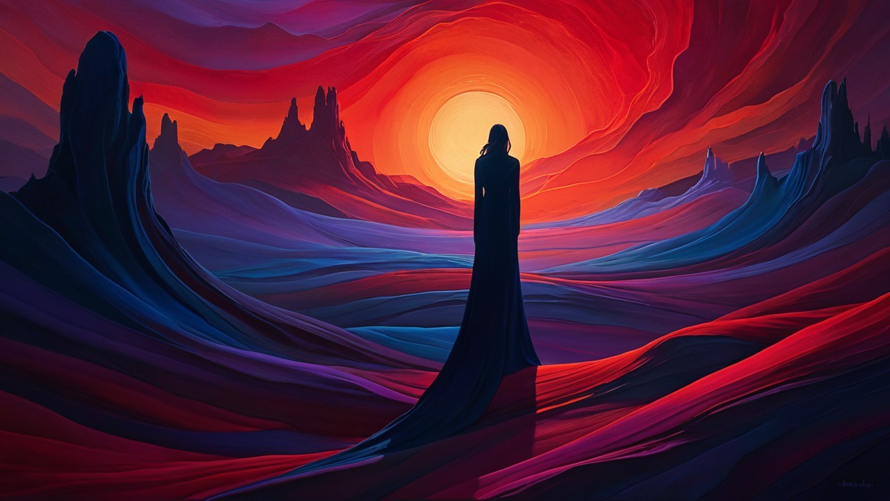 Silhouette Against Vibrant Sunset in Surreal Landscape