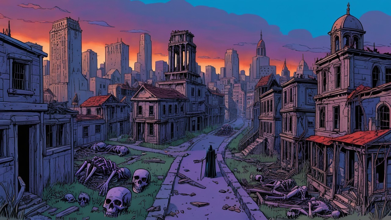 Desolate cityscape at dusk with crumbling buildings