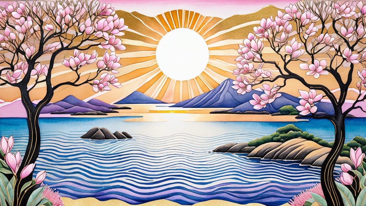 Vibrant Landscape with Serene Water and Blossoming Trees