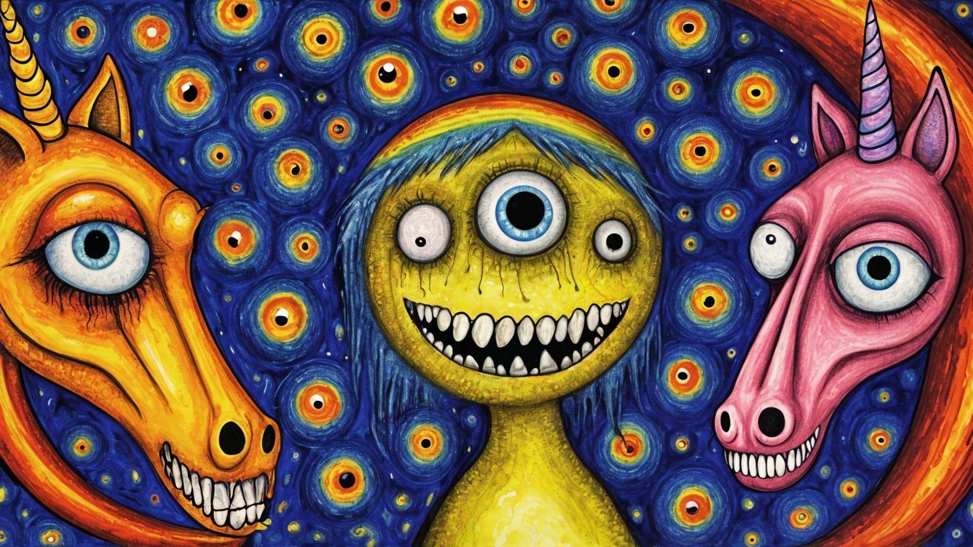 Whimsical Cartoon Creatures on Vibrant Background