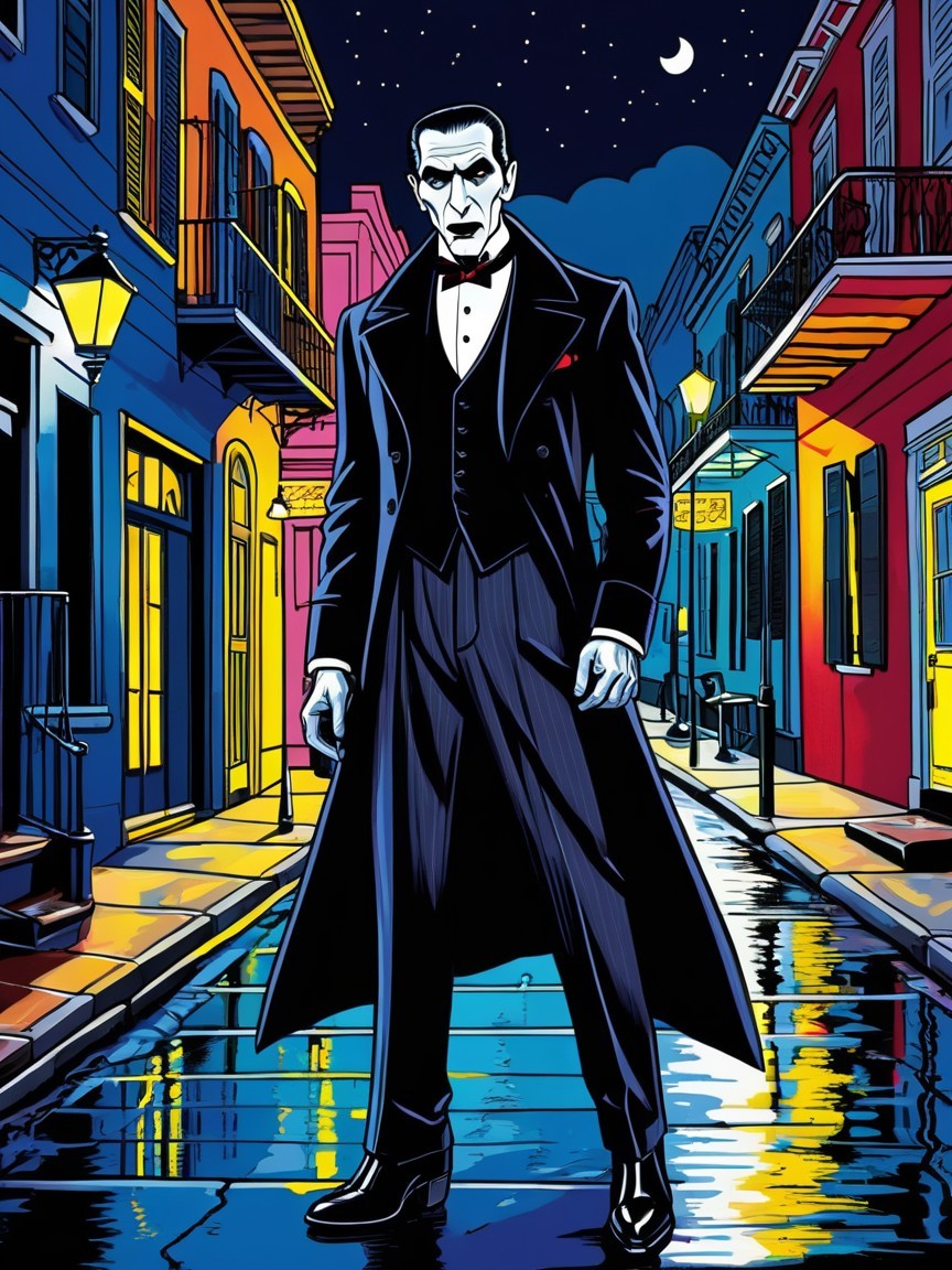 Creepy Vampire in Tuxedo on Wet Night Street Scene
