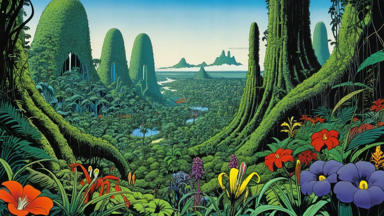 Vibrant Jungle Scene with Lush Greenery and Flowers